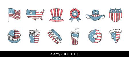 Handgezeichnete Ikonenkollektion der amerikanischen Kultur. 4. juli Unabhängigkeitstag. Satz 1 von 3. Vektorabbildung. Stock Vektor