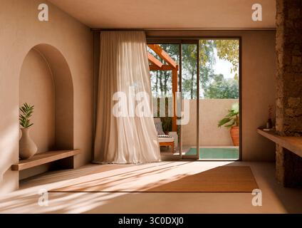 Innenraum mit privatem Swimmingpool im Garten. Luxuriöse Hotelresort-Villa im Boho-Stil. Moderne Architektur im tropischen Design. Stockfoto