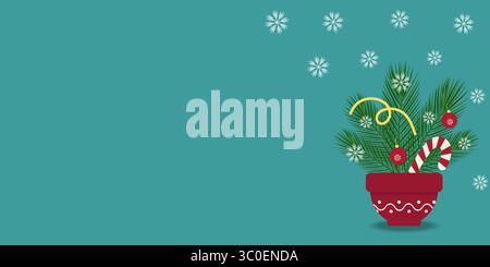 Handgezeichneter, verzierter Kiefernzweig Blumenstrauß im Blumentopf Eckrahmen Copyspace Template Banner Format. Isolierte Vektor-Illustration Winterferien Grußthemen Karten, Party-Einladung oder Banner, Faltblatt Stock Vektor