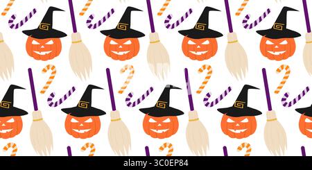 Halloween Kürbis in Hexenhut gestreifte Bonbons und Besen Halloween nahtloses Muster Banner Format. Isolierte Vektor-Illustration Halloween Thematische Karten Hintergrund Party Einladung oder Banner, Flugblätter Stock Vektor