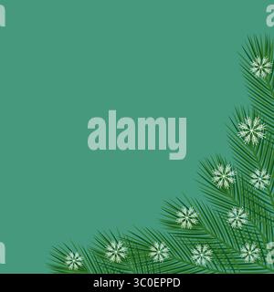 Weihnachtsbaumzweige und Schneeflocken Eckrahmen Grenze Winterferien Close Space Template Idee. Isolierte Vektor-Illustration Weihnachten oder Neujahr Grußthemen Karten Party Einladung oder Banner, Tags Stock Vektor