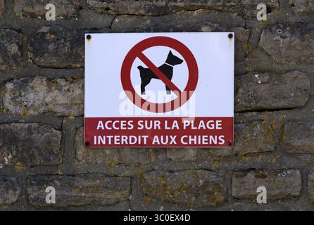 Keine Hunde auf dem Strandschild, Arromanches-les-Bains, Normandie, Calvados, Frankreich Stockfoto