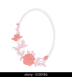 Hand gezeichnete Linie Kunst rosa Rose Blumen Ovalkranz isoliert auf weißem Hintergrund Stock Vektor