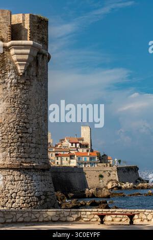 Senkrechter Blick auf die Altstadt (Vieille Ville) von Antibes, Frankreich, am Mittelmeer, mit der steinernen Festung Fort Carré aus dem 16. Jahrhundert Stockfoto