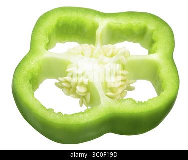 Grüne Paprika in Scheiben schneiden (Querschnitt), mit Samen und Plazenta, Winkel anzeigen Stockfoto