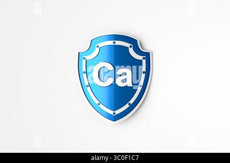 Calciumsymbol Ca auf einem blauen Schild, das die Bedeutung dieses Minerals für starke Knochen und allgemeine Gesundheit darstellt Stockfoto