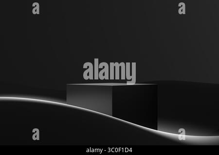 Minimalistischer schwarzer Sockel auf schwarzem Hintergrund mit abstrakten geschwungenen Formen und weißen Highlights für die Produktplatzierung Stockfoto