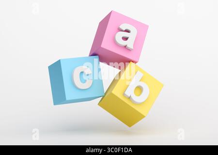 Drei bunte Würfel mit den ersten drei Buchstaben des Alphabets auf weißem Hintergrund Stockfoto