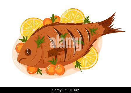 Gegrillter ganzer Fisch mit Kopf, serviert auf einem Teller mit Zitronenscheibe, Kräutern und Zitrone im Zeichentrickstil. Traditionelles Rosch-Hashanah-Feiertagsgericht isoliert auf Stock Vektor