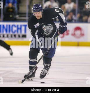 Jacksonville Icemen Forward Cam Maclise (8) treibt den Puck während der zweiten Phase eines ECHL-Profihockeyspiels gegen die Florida Everblades in der Veterans Memorial Arena in Jacksonville, Florida, vor. Mittwoch, 14. November 2018. (Gary Lloyd McCullough/ Cal Sport Media)(Credit Image: &Copy; Gary Lloyd McCullough/CSM via ZUMA Wire) Stockfoto