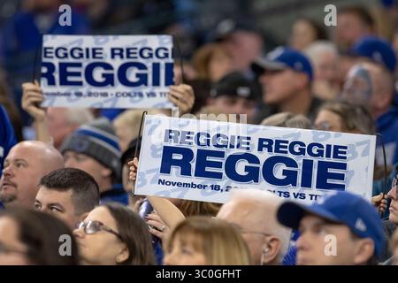 18. November 2018: Indianapolis, Indiana, USA – Fans der Indianapolis Colts halten sich für Reggie Wayne, die ehemalige Indianapolis Colts-Siegerin, beim Spiel zwischen den Tennessee Titans und den Indianapolis Colts im Lucas Oil Stadium, Indianapolis, Indiana, in den Colts Ring of Honor einsteigen. (Bild: © Scott Stuart/ZUMA Wire) Stockfoto