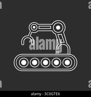 Förderband mit Roboterarm in schwarz-weißem Hintergrund – AI Industrial Automation System, Vektorzeichen, Symbol, Logo-Illustration. Vektorgrafik Stock Vektor