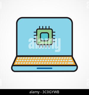 Vektorillustration eines Laptops mit KI-Mikrochip – futuristische Computertechnologie, Prozessorsymbol, Konzept für maschinelles Lernen Stock Vektor