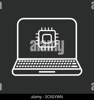 Vektorillustration eines Laptops mit KI-Mikrochip in Schwarz-weiß-Hintergrund – Symbol für Prozessor der futuristischen Computertechnologie, Konzept für maschinelles Lernen Stock Vektor