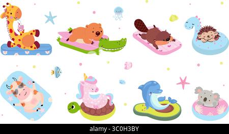 Schwimmende Tiere. Lustige Tiere schwimmen auf aufblasbaren Ringen und Matratzen. Isolierte Giraffe Igel Wombat Einhorn, Sommer heutzutage Vektorfiguren Stock Vektor