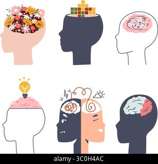 Profilsymbole für den menschlichen Kopf. Verschiedene Arten von Verstand, Logik, kreatives Denken. Psychologische Probleme, bipolare Stimmungsschwankungen, Ideengenerierung, Vektorsatz Stock Vektor