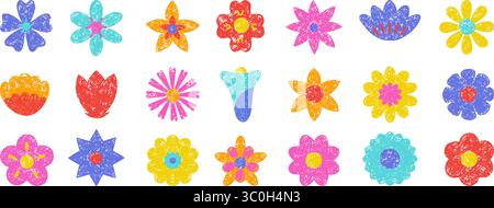 Bleistift Zeichnen von Blumensymbolen. Verschiedene abstrakte Blumen, kindisch gezeichnetes Design. Isolierte florale Elemente. Dekorative Patches, neoterischer Vektor Stock Vektor