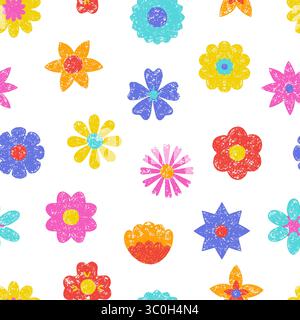Handgezeichnetes, nahtloses Muster mit Buntstiften. Verschiedene Zeichenstifte florale Elemente, Blütencharakter. Lebendiger Druck für Stoff und Vektorhintergrund Stock Vektor