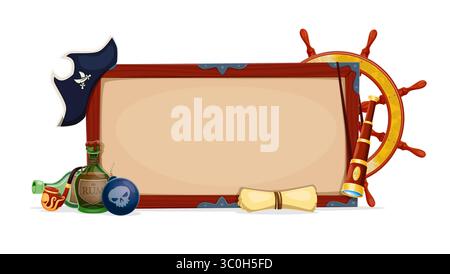 Piraten-Schild-Banner, Vektorspiel-UI. Zeichentrickschild aus Holz in altem Holzrahmen mit Korsair-Schatzkarte, Kapitänsmütze, Rad und Spionenglas, Rum-Flaschen und Rauchpfeife. Piratenparty-Banner Stock Vektor