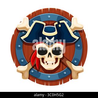 Cartoon Piratenkapitän Schädel mit gekreuzten Knochen auf hölzernem Schild. Wütender Piratenkorsair Skelett Skull mit Horror Lächeln und gekreuzten Knochen mit schwarzem Tricorn Hut und rotem Bandana. Das Symbol der heraldischen Piraterie Stock Vektor