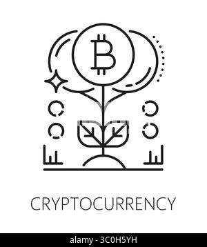 Kryptowährung, Geschäftsbereichssymbol oder -Symbol. Vektorsymbol für Finanz- oder Kapitalanlagegesellschaften, Anlegerfondszeichen. Tauschen Sie ein Startup-Piktogramm oder -Symbol mit Bitcoin-Münzen aus, die auf Pflanzen wachsen Stock Vektor