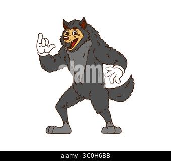 Cartoon grooviger Halloween Werwolf Charakter für Horrorurlaub, Vektor-Symbol. Grooviger Werwolf oder lustiger böser Wolf und funkiges Monster Tier mit fröhlich lächelndem Gesicht für Halloween-Weihnachtsfigur Stock Vektor