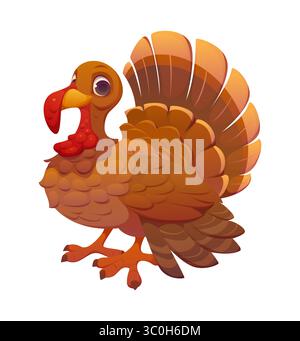 Cartoon truthahn-Figur mit lebhaften braunen Federn, knallrotem Flegel und ausdrucksstarkem Gesicht. Isolierter Vektor traditionelle Vogelpersonage für glücklichen Thanksgiving Feiertag festlichen Tag, Farm Geflügel Maskottchen Stock Vektor