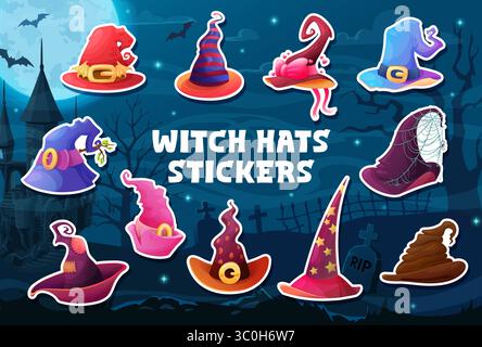 Halloween Hexenhüte Aufkleber Pack für Basteln und Dekorationen. Vektor-Cartoon verspielte Zauberer- oder Zaubermützen vor einem gruseligen Friedhof Hintergrund mit Fledermäusen, Vollmond und unheimlichen Baumsilhouetten Stock Vektor