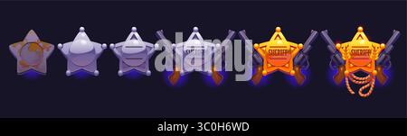 Western-Spieleabzeichen, Wild West Cowboy-Rang-Medaille mit Revolvern und Seilen. Comic Vektor Sheriff Star Progression Icons, Leistung ui Elemente, Fortschritt Sequenz von rostigem Metall zu Gold Stock Vektor