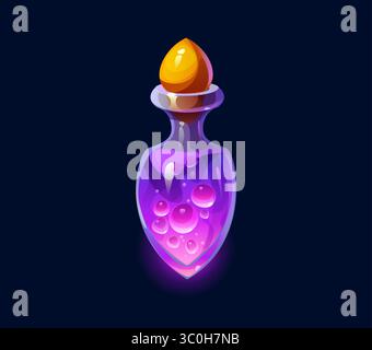 Zaubertränke, Elixier und Gift. Cartoonvektor magische Glasflasche gefüllt mit leuchtendem lila Elixier. Die bezaubernde Fantasy-Durchstechflasche mit einem speziellen Stopfen und einer sprudelnden Flüssigkeit verströmt Rätsel Stock Vektor