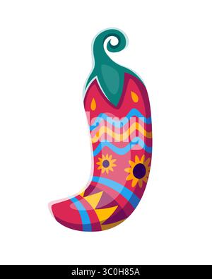 Tag der Toten Schriftart kunstvoll geschmückte Chili Pfeffer Buchstabe J. mexikanische Dia de Los Muertos Karneval Schriftart Vektor Element, Tag der Toten Feiertag Typ Symbol. Hispanische Ritual-Feier Schriftzug Buchstaben oder Zeichen Stock Vektor