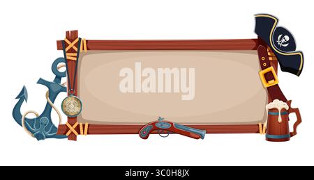 Piraten hölzerne Schilderbanner mit Seilen und alten Holzdielen. Vektorpiratenspiel UI oder Korsair Party Schild mit schwarzem Tricorn Hut, Vintage Kompass, Anker und Pistole, Bier und Gürtel Stock Vektor