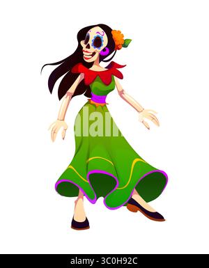 Tag der Toten Catrina Tänzer Feiertagsfigur, DIA de los muertos mexikanische Persönlichkeit Cartoon Frau Skelett in einem bunten traditionellen Kleid, tanzt Flamenco, feiert festliche Veranstaltung Stock Vektor