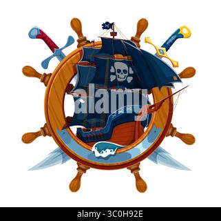Cartoon Piratensegelschiff mit Lenkrad und überkreuztem Säbelvektor-Symbol, marineblauem Wappenabzeichen und Korsair-Matrosen-Tattoo. Mittelalterliches Segelboot mit schwarzen Segeln, fröhlichem roger Skull und gekreuzten Fahnen Stock Vektor