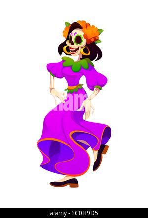 Die Tänzerin Dia de los Muertos ist eine mexikanische Skelettfigur, die ein fließendes lila Kleid trägt, und sie trägt einen hellorangefarbenen Ringelblumenkranz in ihren Haaren Stock Vektor