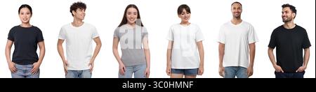 Leute in verschiedenen T-Shirts vor weißem Hintergrund. Modell für Design Stockfoto
