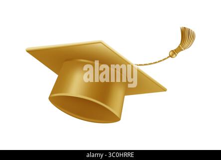Abschlussfeier. Fliegende goldene Graduiertenhüte mit Quasten. Stock Vektor