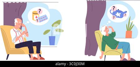 Demenz. Alzheimer Gedächtnisverlust Krankheit Konzept, Alter Mann Frau Gehirn vergessen Großmutter Großvater Geisteskrankheit kognitives Problem ältere Menschen helfen Vektor Illustration Original Kunstwerk Stock Vektor