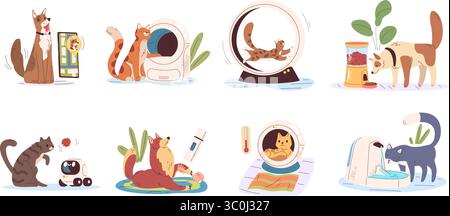 Haustier-Gadgets. Intelligente Geräte für Haustiere, AI Innovation digitale Technologie, automatisierte Feeder Toiletten Online-Gesundheitstraining Hund Katze Internet Control Kragen, klassische Vektor Illustration Original Artwork Stock Vektor