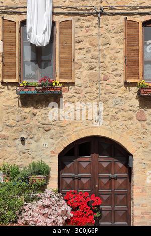 115 Steinblockfassade eines restaurierten alten Hauses an der Westseite der Via della Volpe Street mit blühenden japanischen Azaleen. Pienza-Toskana-Italien Stockfoto