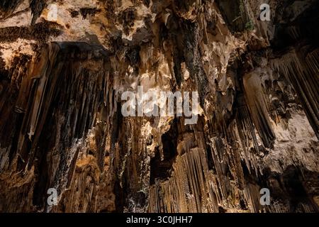 Besucher bestaunen die atemberaubenden Stalaktiten und Stalagmiten in den Höhlen von Málaga, Spanien, und erleben die Schönheit dieser natürlichen Formationen Stockfoto