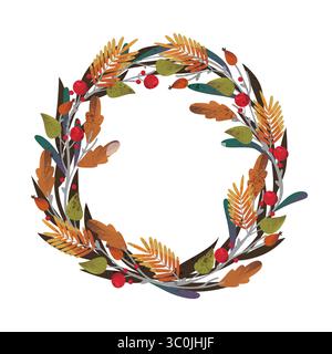 Herbstkranzhintergrund. Vektor Fall Blätter Ornament oder Thanksgiving Dekoration für Vordertür. Natur und botanisches Dekor für Garten- oder Ernteurlaub. Pflanzen- oder Flora-Saisonlaub. Biologie. Stock Vektor