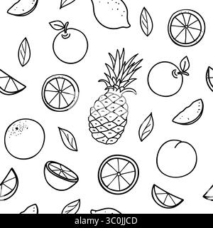 Frucht nahtloses Vektormuster mit Zitronen, Orangen, Äpfeln, Pfirsichen und Ananas. Exotische Obstzeichnung im Doodle-Stil. Für Verpackungspapier Stock Vektor