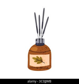 Vektor-Weihrauchstäbchen im Glas mit herbstlichem Blattduft. Symbol für aromatische Wohnkultur oder Herbstdekoration, saisonale Atmosphäre und Entspannung. Duft nach Spa und beruhigendem Rauch. Behälter für Aromatherapie. Stock Vektor