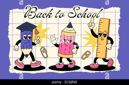 Zurück zur Schule Vintage Retro Mascot Charakter Bildung Zubehör Cartoon Vektor Set Schreibwaren - Bleistift Büroklammer Marker Stock Vektor