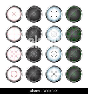 Chrom-Waffenvisiere, Scharfschützengewehr-optische Oszilloskope. Jagdpistole Sucher mit Fadenkreuz. Ziel, Symbol für die Schießmarke. Militärisches Zielschild, Silhouette Stock Vektor