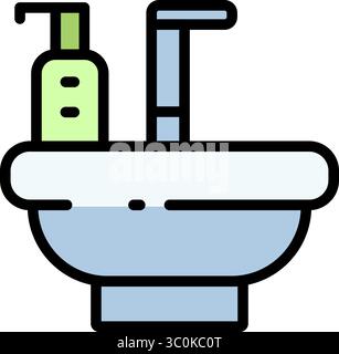 Farbsymbol für Waschbecken und Handseife. Heimisches Keramikwaschbecken für Toilette Badschild. Waschmittel, Reinigung, Hygiene-Konzept. Abbildung Isolierter Abgewickelter Vektor. Stock Vektor