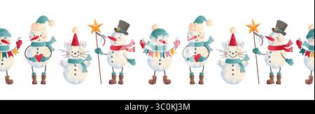 Eine wirklich reizvolle und skurrile Szene mit fröhlichen Schneemännern, die wunderschön in festlicher Winterausrüstung verziert sind Stock Vektor