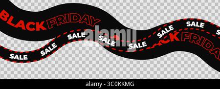 Black Friday Sale Banner mit gewelltem rotem und schwarzem Band mit fettreichem und umrissenem Text auf transparentem Hintergrund für Werbeaktionen und Marketing. Vektor Stock Vektor
