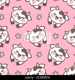Ein nahtloses Muster mit süßen Kawaii-Kühen, umgeben von Blumen. Das verspielte Design zeigt die Kühe mit entzückenden Ausdrücken und sorgt für einen fröhlichen Beifall Stock Vektor